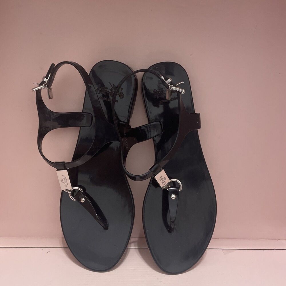 Coach Piccadilly Thong Jelly Sandals Black Logo Strappy Ankle Strap Buckle  8 B